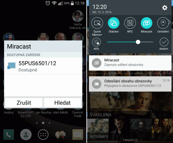 Wi-Fi Miracast pracovalo s televizorem bez potíží. Pokud byl samozřejmě připojen k routeru a náhodou se samovolně neodpojil. Postihovalo to oba připojené routery – TP-Link Archer C9 (TP-Link AC 1900 Wireless Dual Band) i Netgear R7000. Problém byl tudíž v TV, resp. ve firmware.