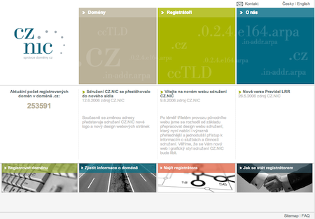 Web správce české národní domény CZ.NIC tak, jak vypadal letech 2006 až 2007.