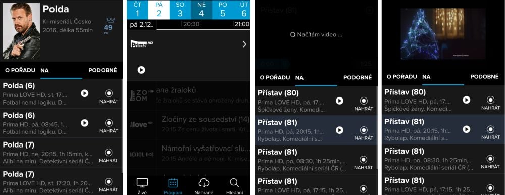 Mobilní aplikace Digi2GO. Na druhém snímku zleva je vidět, že video se po klepnutí na tlačítko „Play“ vůbec neobjeví, natož aby se začalo přehrávat. Ta samá situace jednou nastala u dalšího ze seriálů televize Prima (třetí snímek zleva), ale nejen u ní. Tady stačilo počkat asi dvě hodiny a vše se přehrálo. Nakonec se druhý den v aplikaci přehrál i Polda…