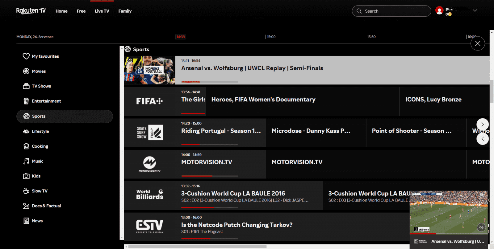 Rakuten - sekce Live TV