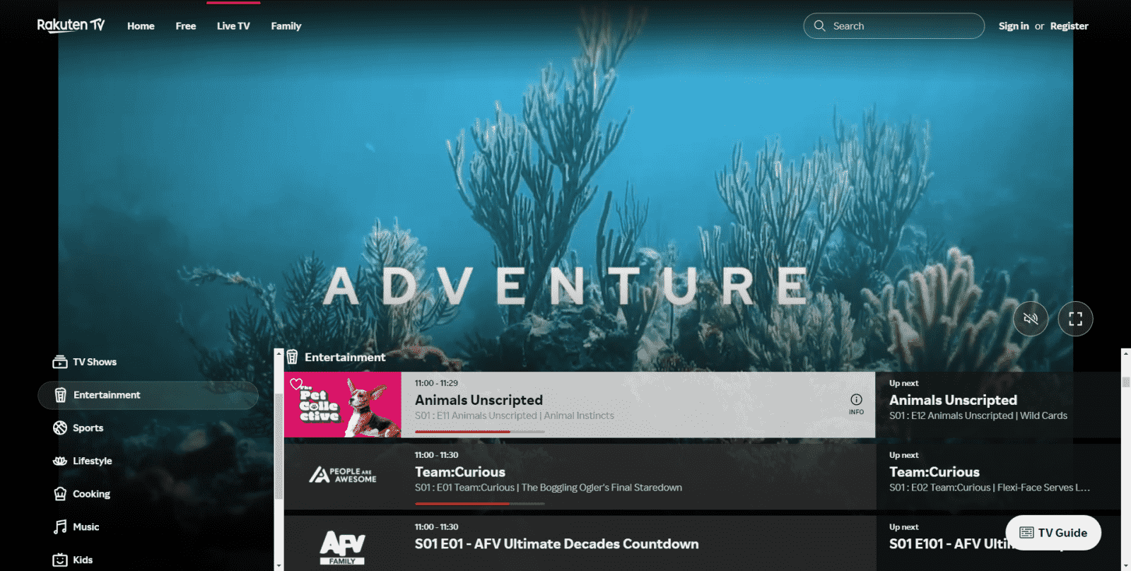 Rakuten - sekce Live TV