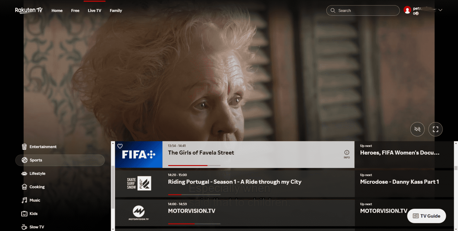 Rakuten - sekce Live TV