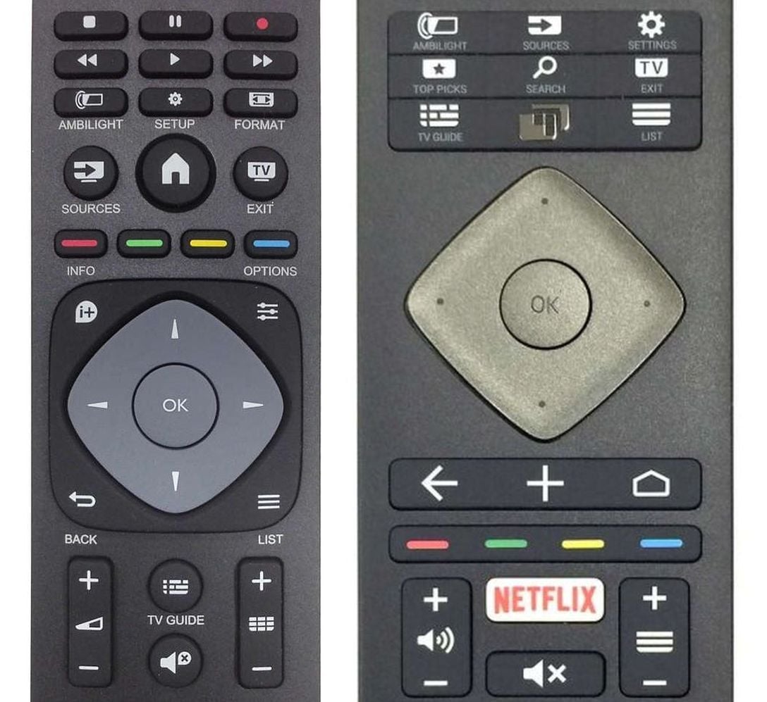Oproti například PFK6300 (vlevo) je dálkový ovladač PUS6501 zcela přepracován. Bohužel veledůležité tlačítko TV bylo zmenšeno a je nyní hodně zasuté. To, zda si na jeho polohu zvyknete či nikoli (dokážete ho dobře nahmátnout po slepu) je pro ovládání televizoru klíčové.