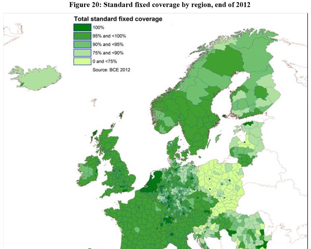 Ve většině krajů České republiky pokrývá základní fixní broadband více než 95 % domácností. Výjimkou tvoří pouze Pardubický, Olomoucký a Plzeňský kraj, kde je pokryto 90 % a více domácností. V Praze je pak pokrytí stoprocentní. Všimněte si, jak Česká republika krásně vystupuje z mapy.