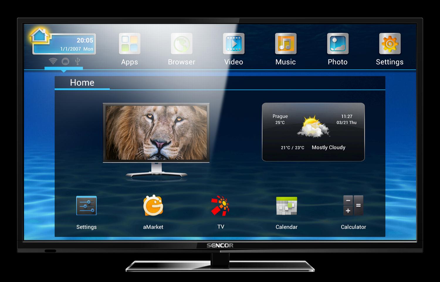 Sencor SLE 39A1000M4 (8.990 Kč) je vybaven operačním systémem Android 4.0, Wi-Fi, tunerem DVB-T, procesorem ARM Cortex A9 1 GHz a dvoujádrovou grafikou Mali 400MP2.