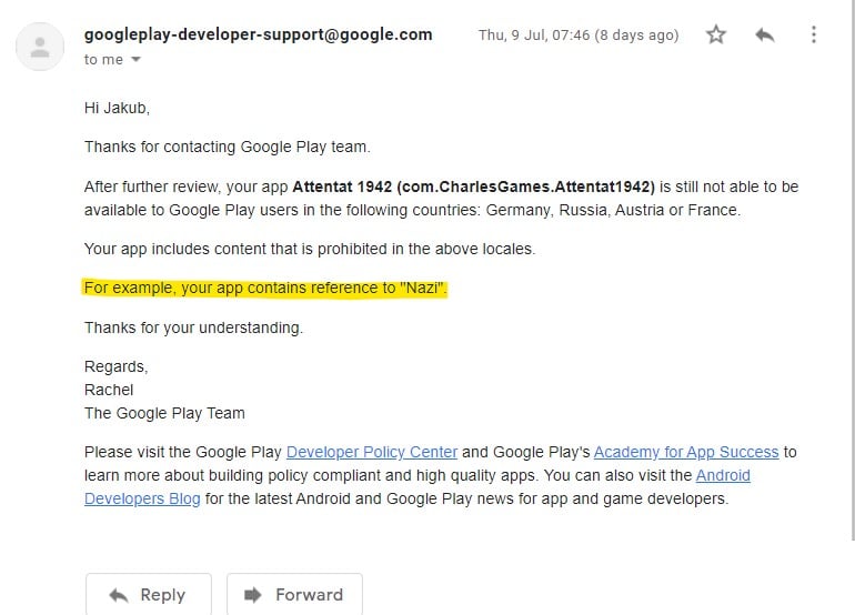 Komunikace Charles Games s Googlem o hře Attentat 1942