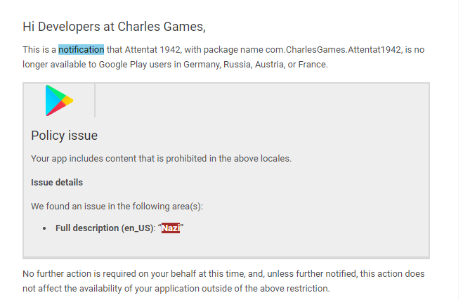 Komunikace Charles Games s Googlem o hře Attentat 1942