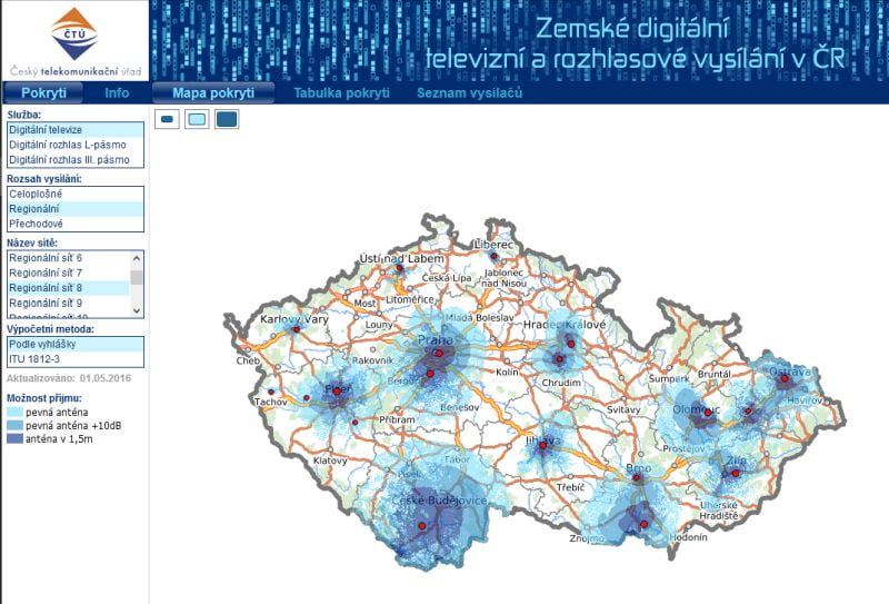 Regionální síť 8 - pokrytí  podle ČTÚ k 2. lednu 2018. Podrobnější mapa na odkazu níže.