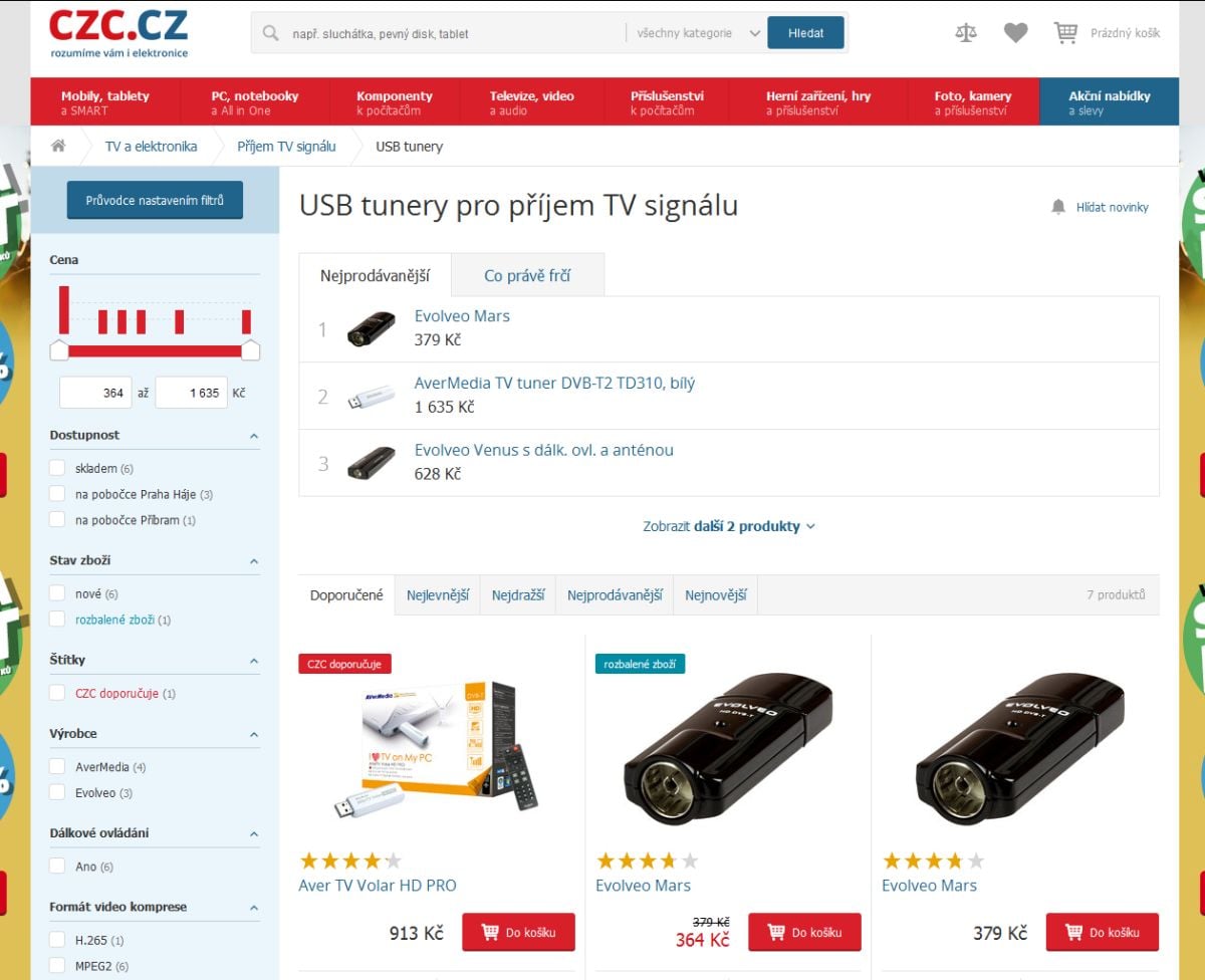 Volba „Tunery“ v části „Satelitní technika“ vás zavede sem, tedy mezi „USB tunery pro příjem TV signálu“.