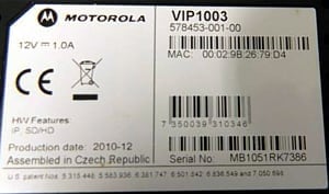 Motorola VIP 1003 - výrobní štítky