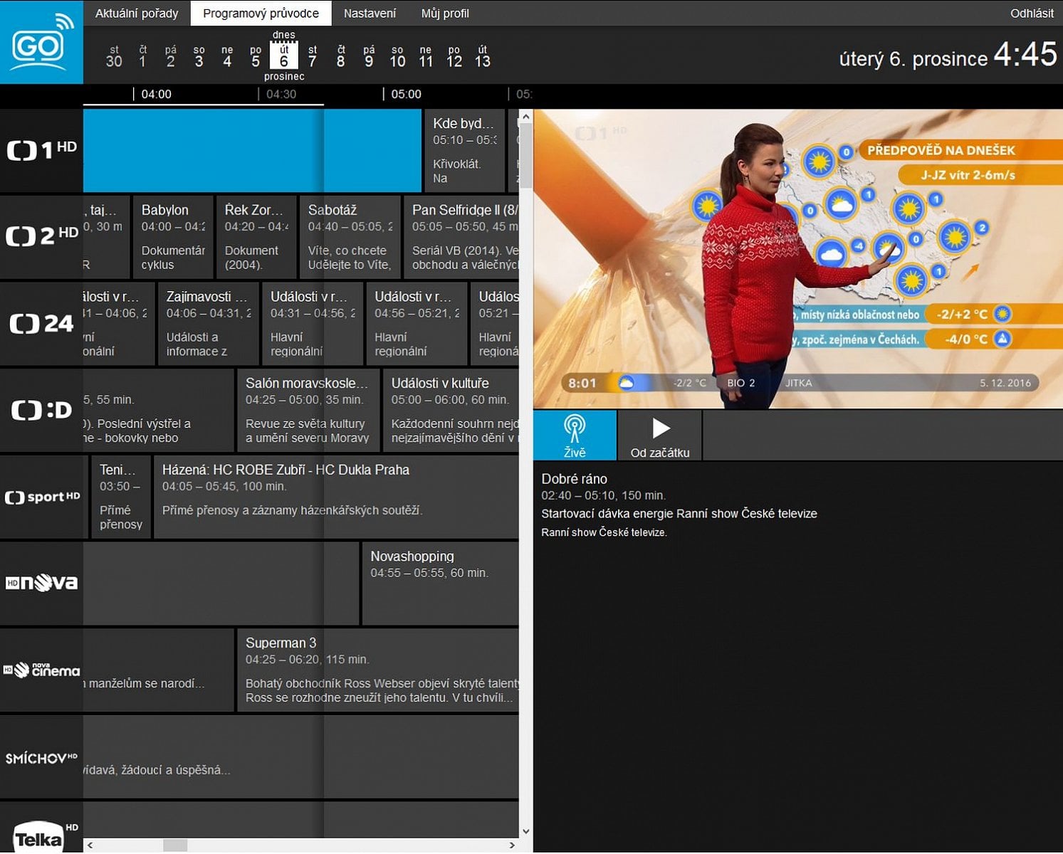 Programová nabídka EPG.
