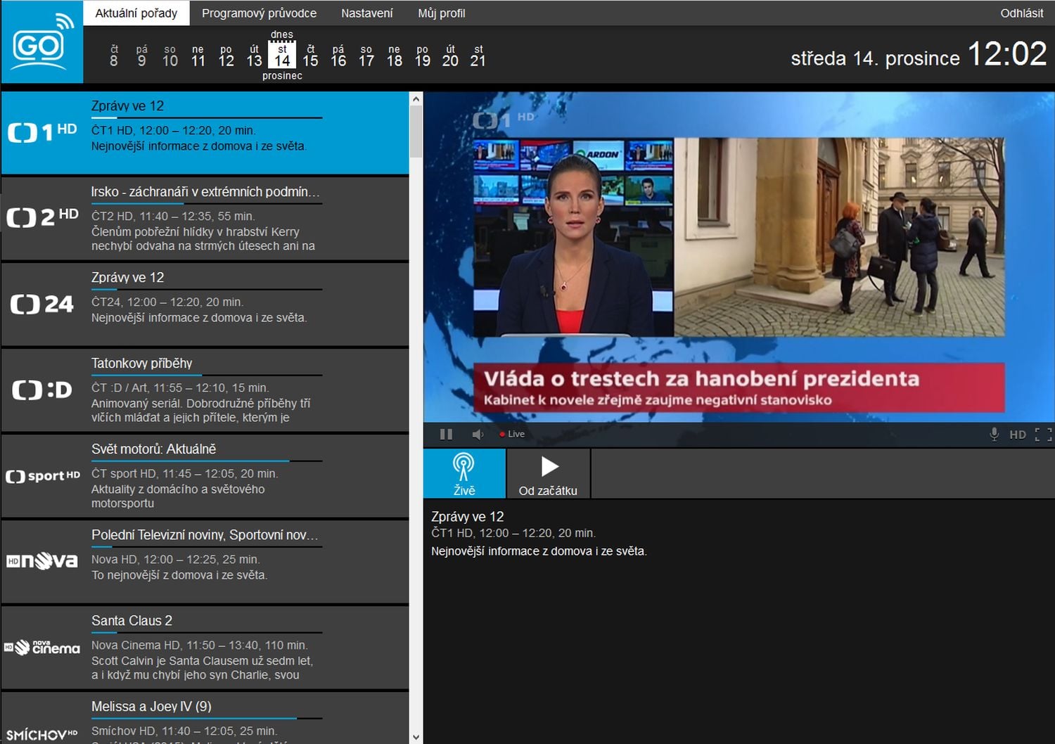 Povšimněte si lišty pod pořadem, která má zvela vlevo Pause/Play a zcela vpravo přehrávání na celou obrazovku. Rozměrná šipka označená "Od začátku" přehrává daný pořad skutečně od začátku vysílání. Bohužel libovolně nastavitelný TimeShift tu není. Po Pause se také často automaticky pořad přehrával od začátku a v přehrávání nepokračoval.