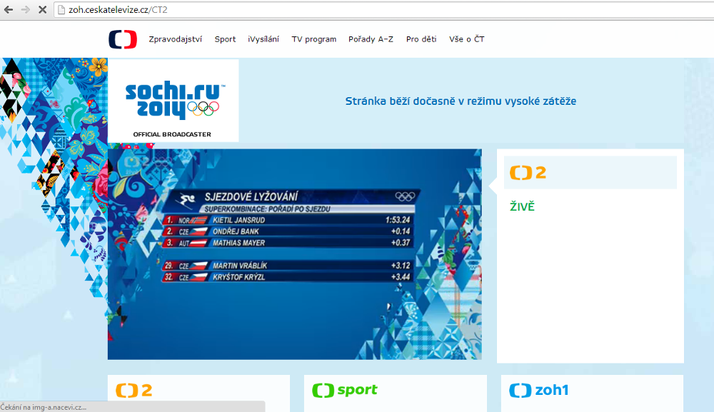 Stream olympijské ČT 2 těsně před hokejovým zápasem Česko - Lotyšsko