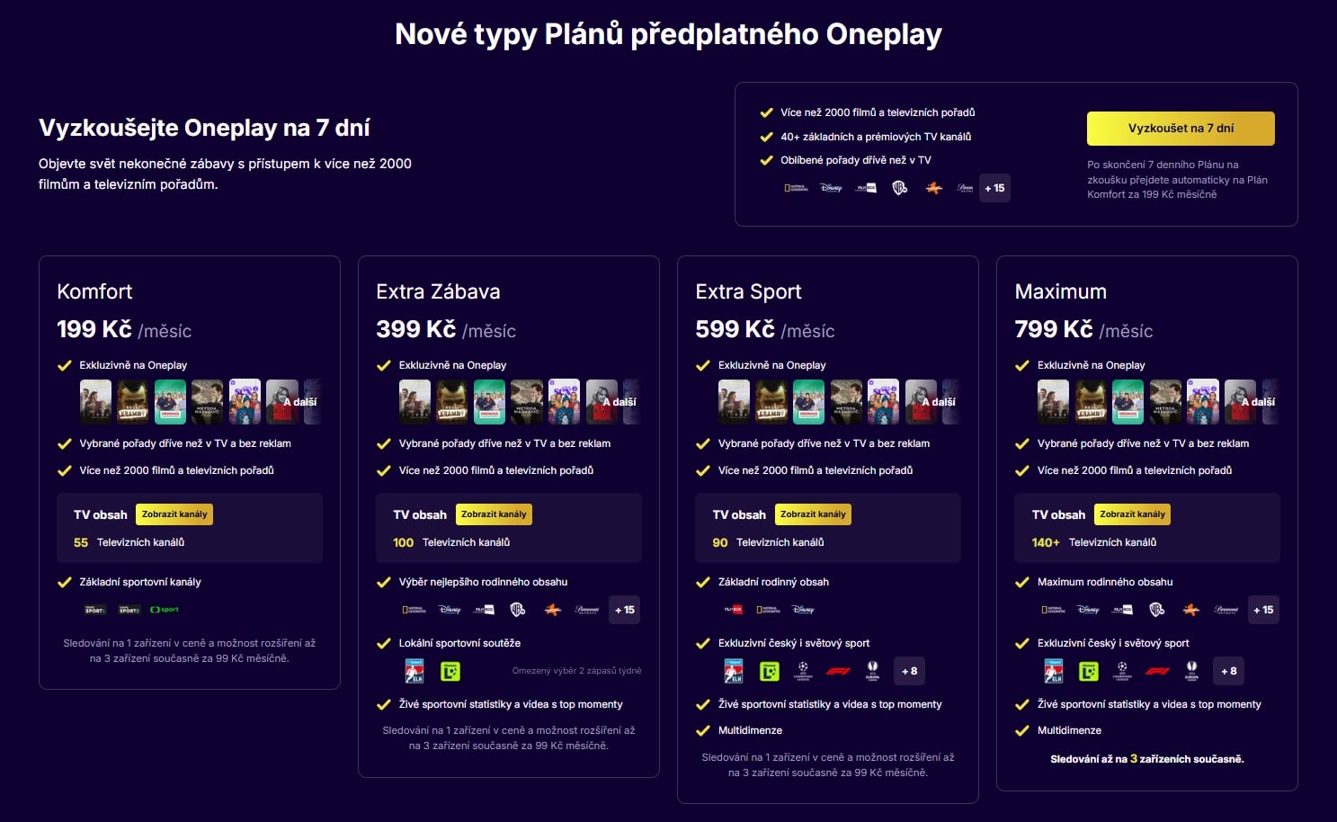 Tarifní nabídka Oneplay poskytovaná TV Nova