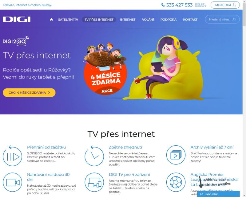 Internetová Digi TV má i samostatnou webovou adresu a na stránce cz.digi.tv je jasně viditelná. Operátor momentálně mění její koncepci a také jméno.