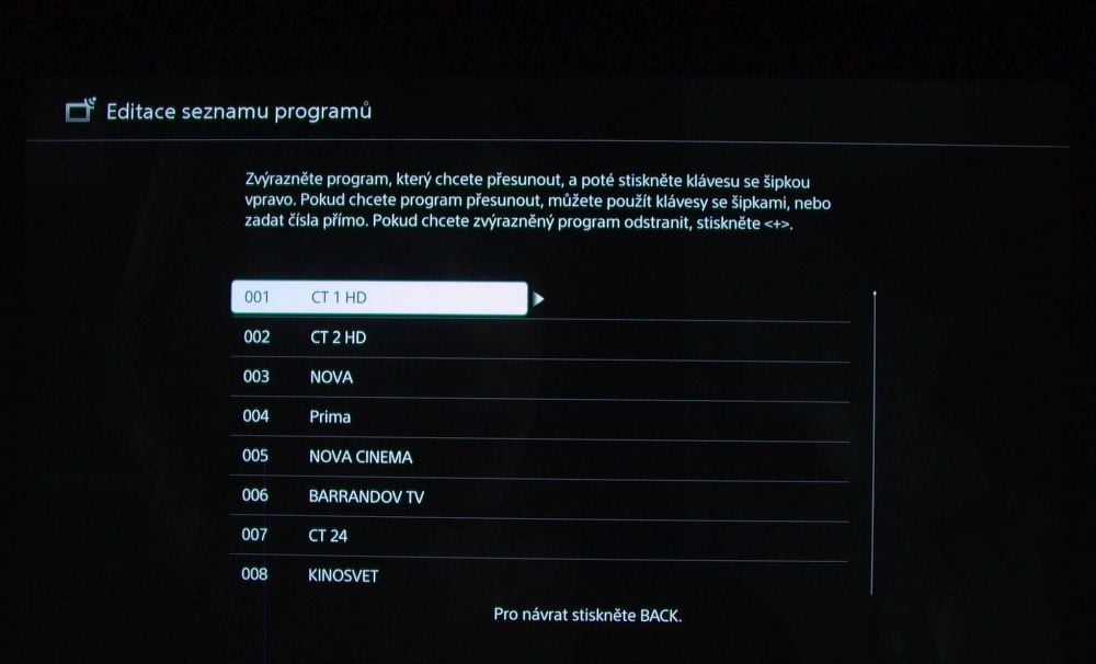 Sony KD-55XD8005-instalace - řazení kanálů