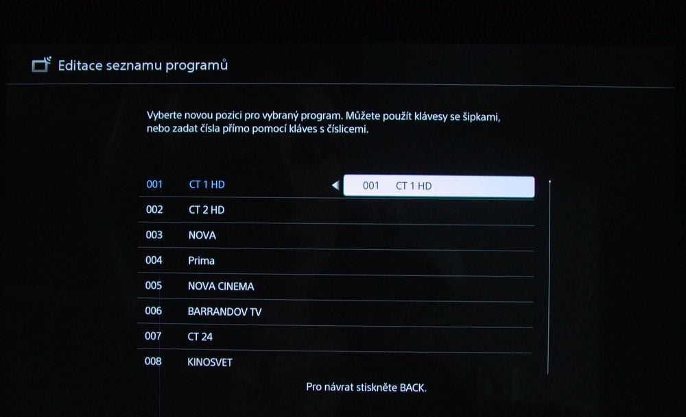 Sony KD-55XD8005-instalace - řazení kanálů