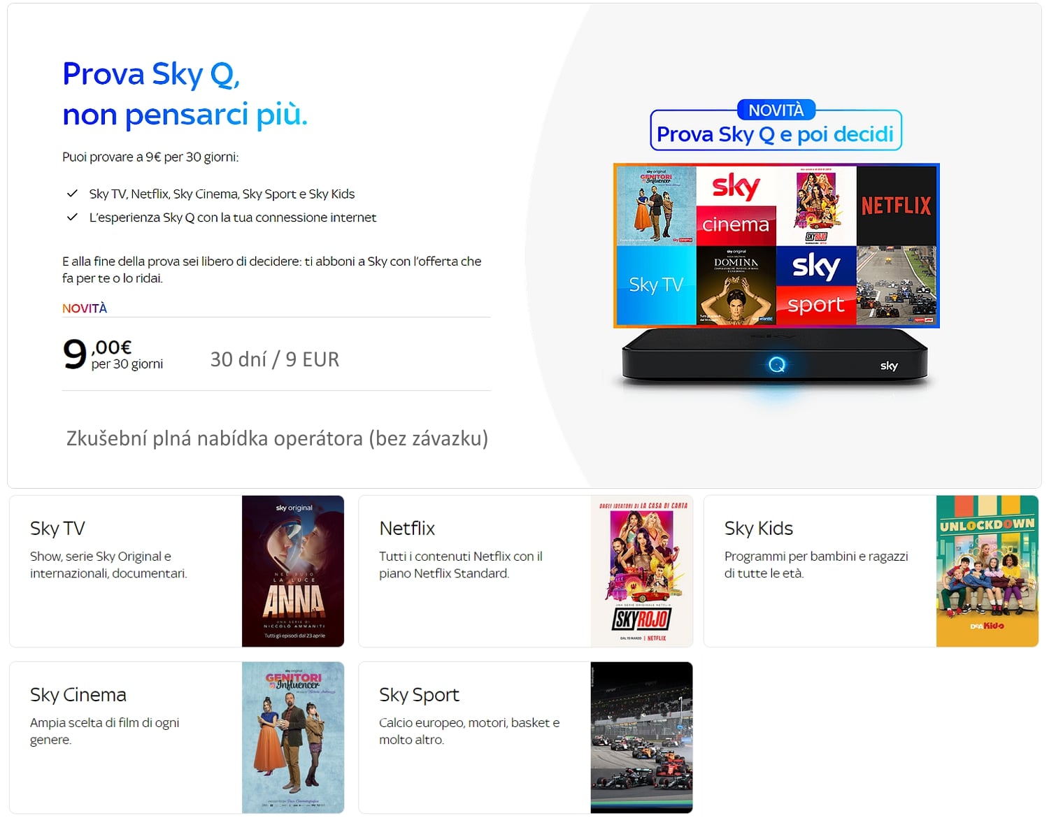 Italská tarifní a programová nabídka Sky Q
