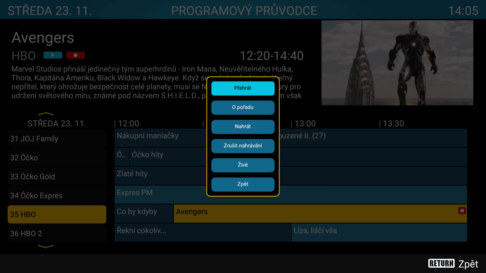 Set-top box Sledovani TV - uživatelské prostředí