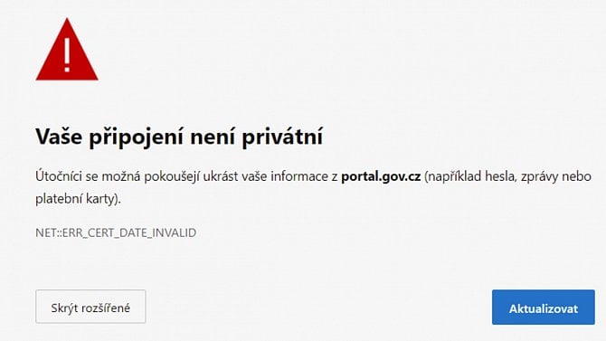 Portál veřejné správy - chyba - certifikát