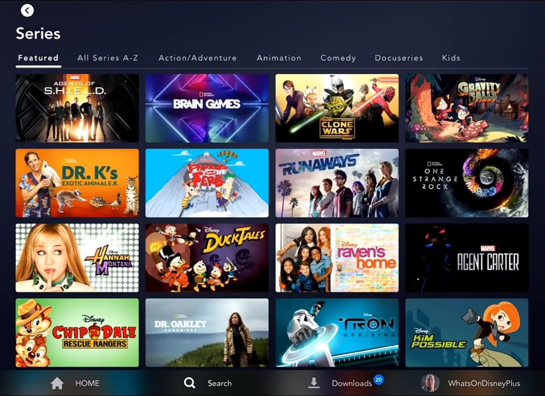 Katalog Disney+ na tabletu