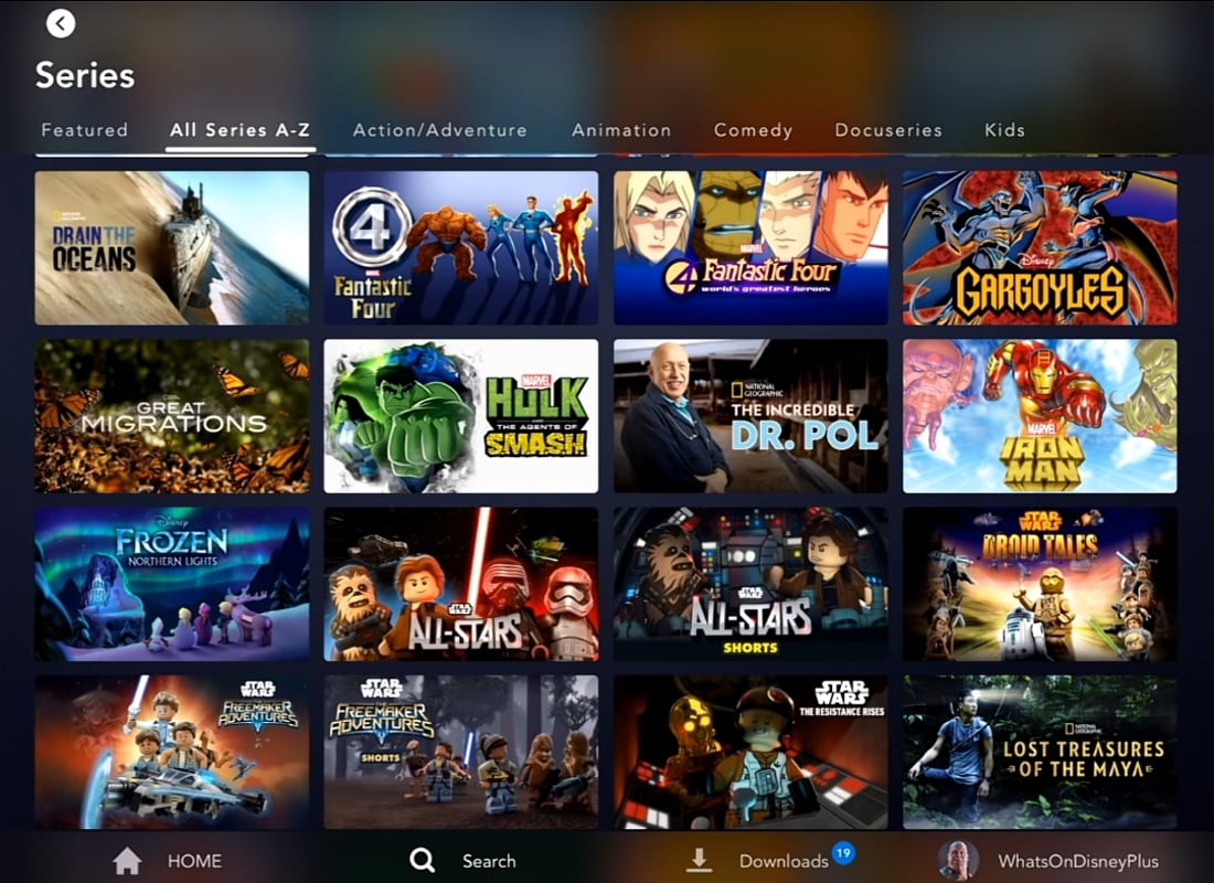 Katalog Disney+ na tabletu