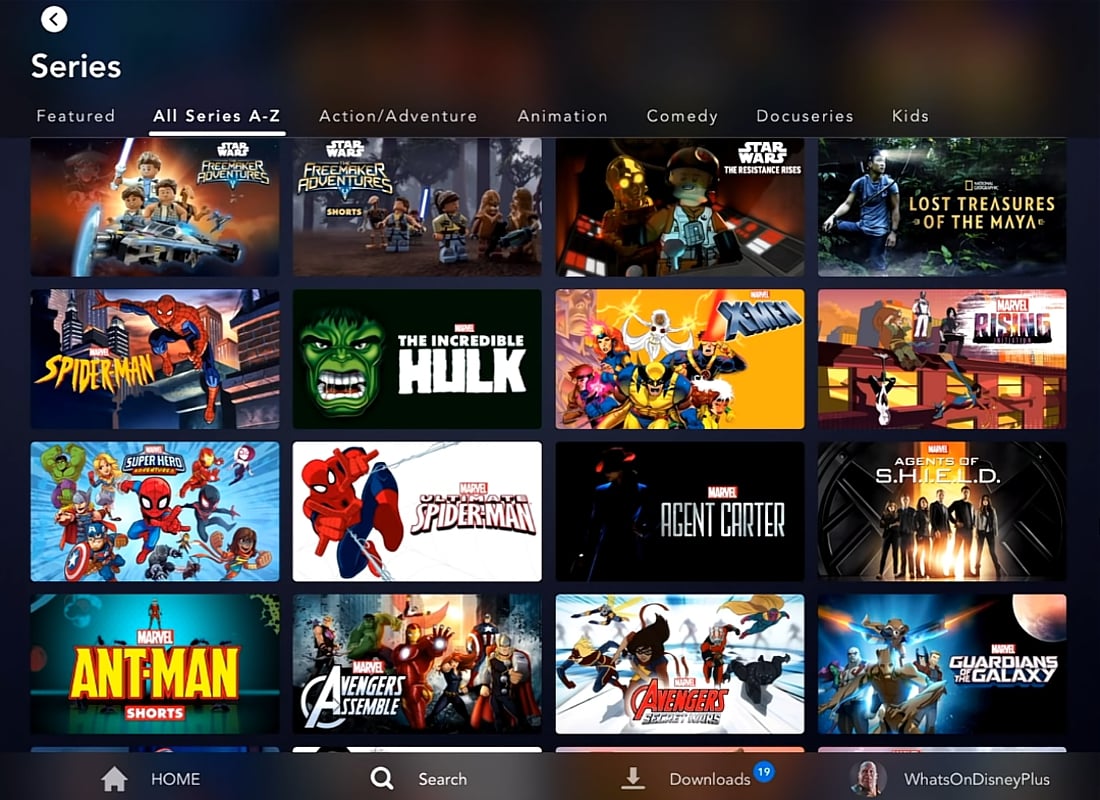 Katalog Disney+ na tabletu