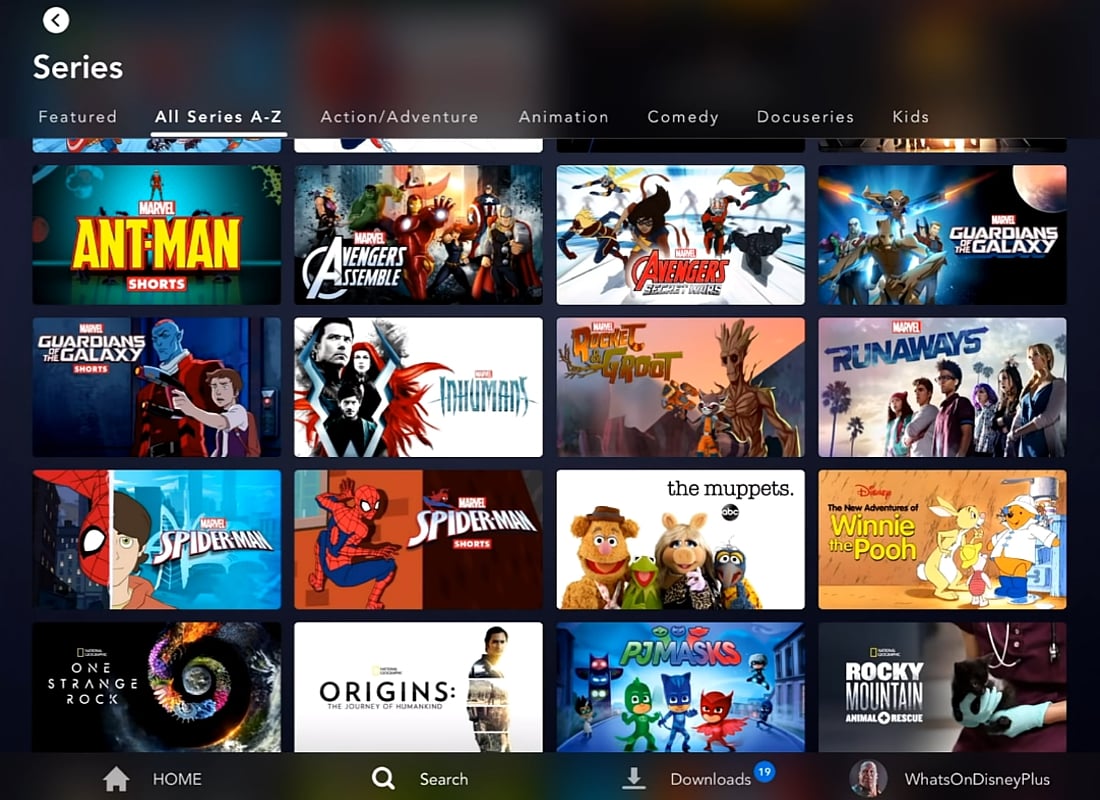 Katalog Disney+ na tabletu