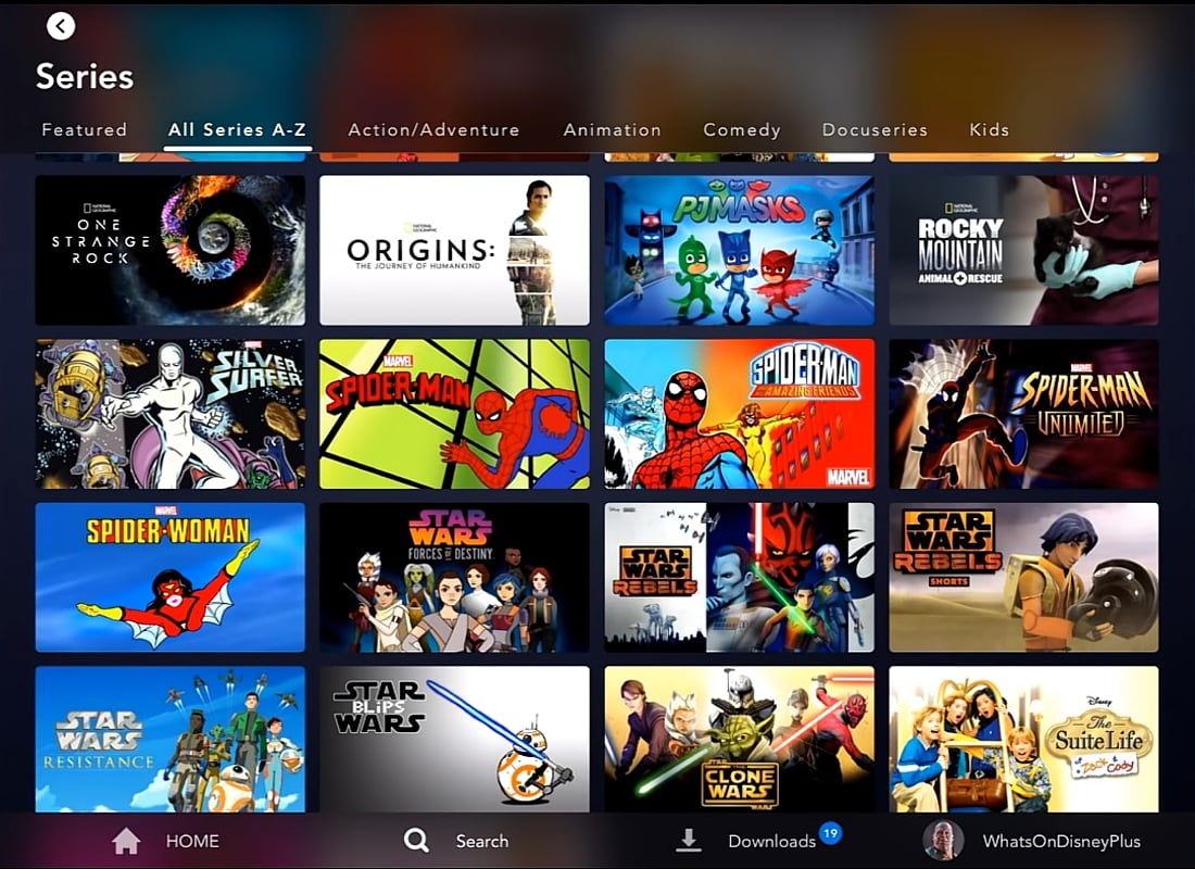 Katalog Disney+ na tabletu