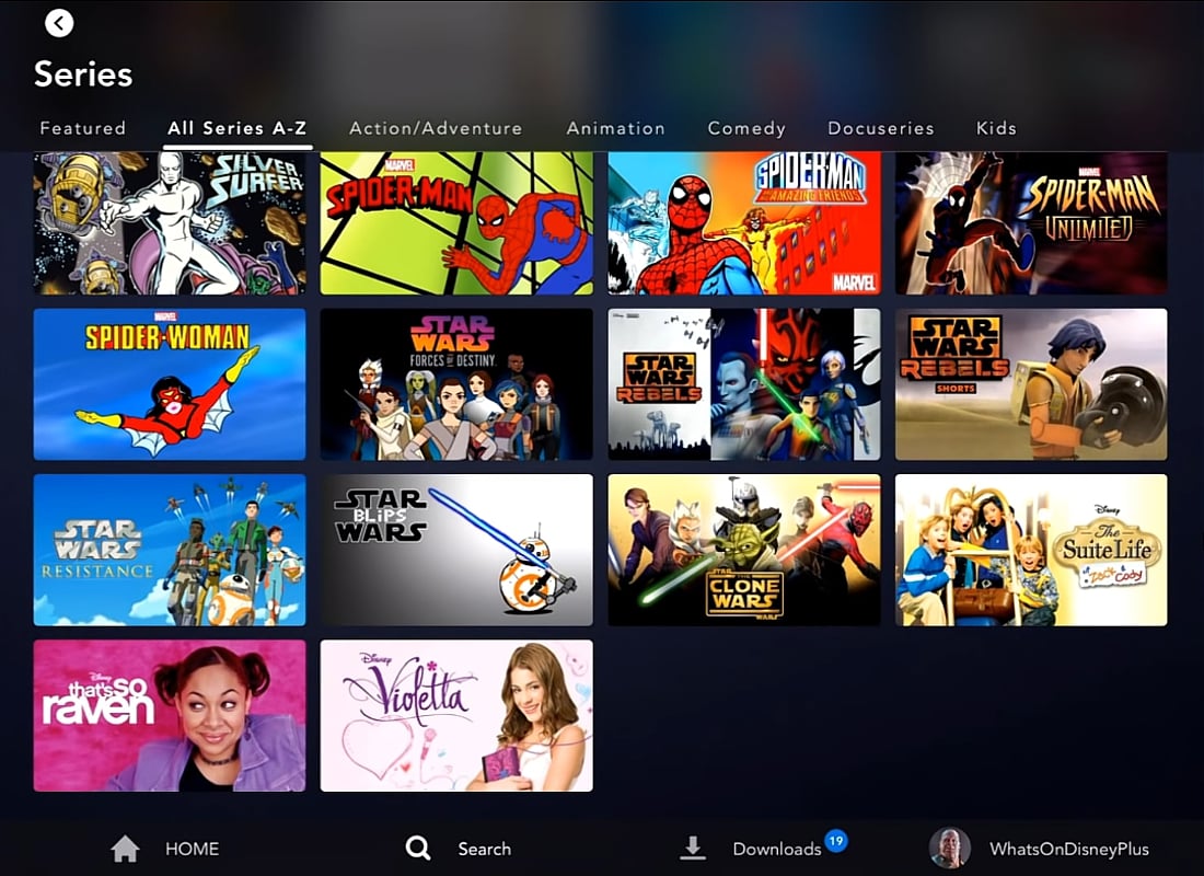 Katalog Disney+ na tabletu