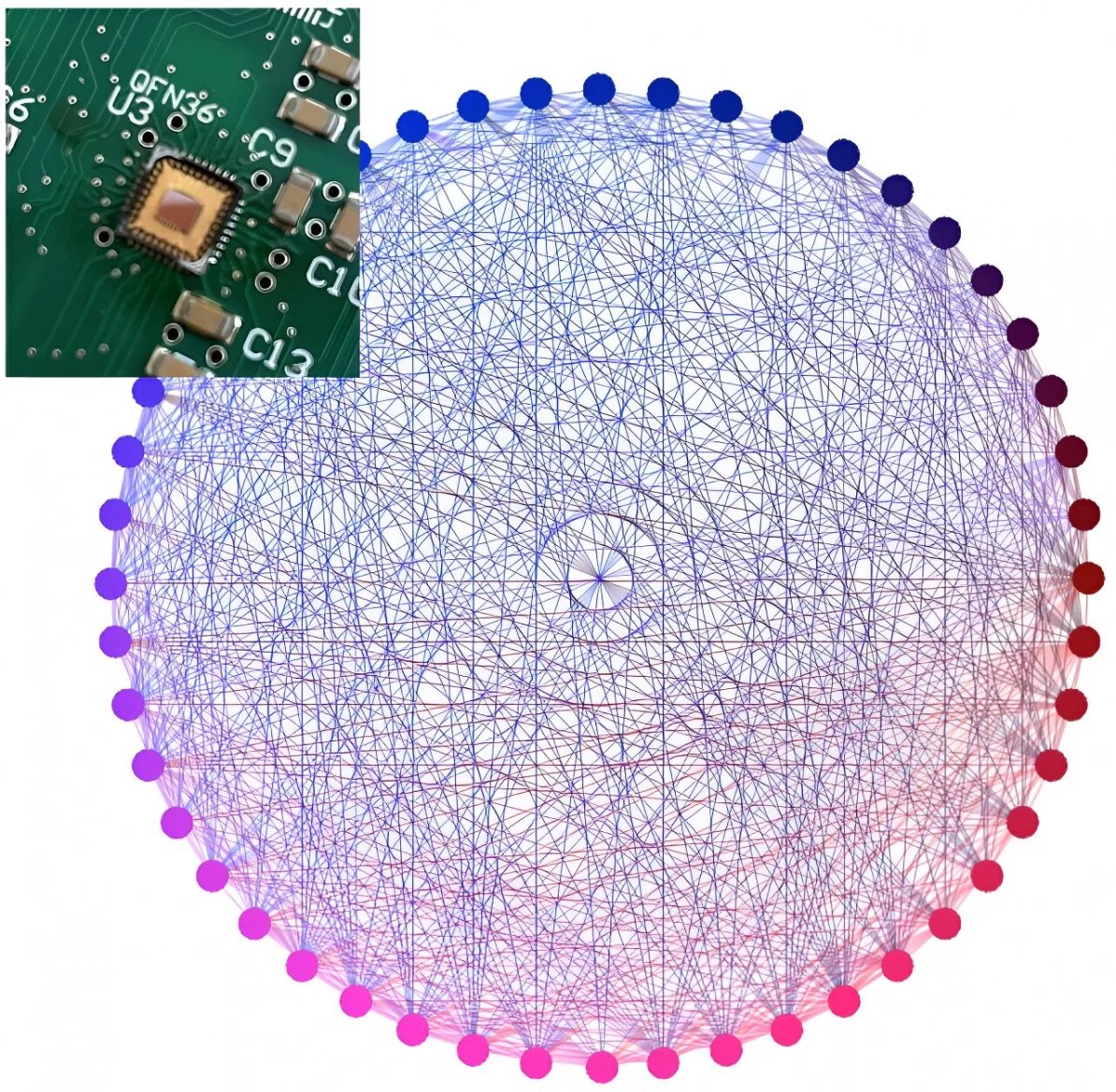 CMOS čip s 48 body, kde téměř všechny jsou vzájemně propojené. Toto je vhodné zvláště pro výpočty s Isingovým modelem.