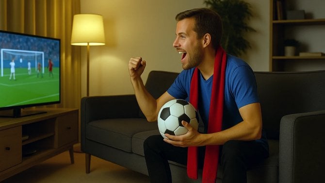 Fotbalový fanoušek sleduje televizní přenos