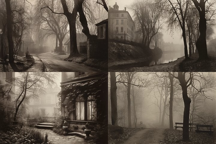 V aplikaci Midjourney jsme zadali, aby vytvořila snímky v určitých stylech. Tady zadání znělo: Vytvoř krajinu ve stylu českého fotografa Josefa Sudka.