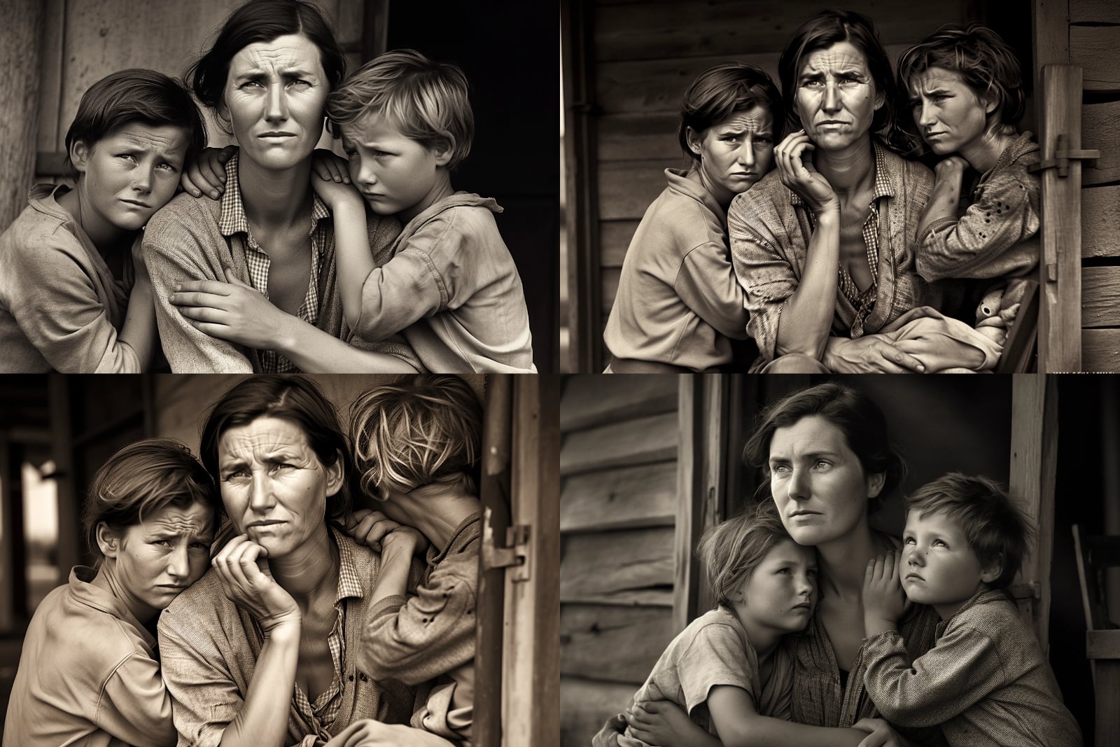 Po Midjourney jsme chtěli, aby vytvořila snímek evokující dílo americké fotografky Dorothey Lange. Měla být na něm žena a dvě děti. Aplikace automaticky vytvořila varianty na jednu z nejznámějších fotografií od této americké dokumentaristky.