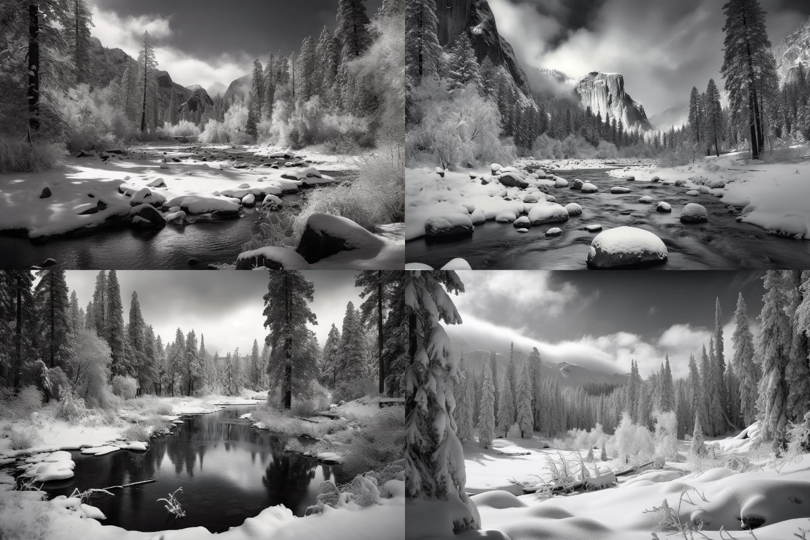 Zimní krajina ve stylu amerického fotografa Ansela Adamse.