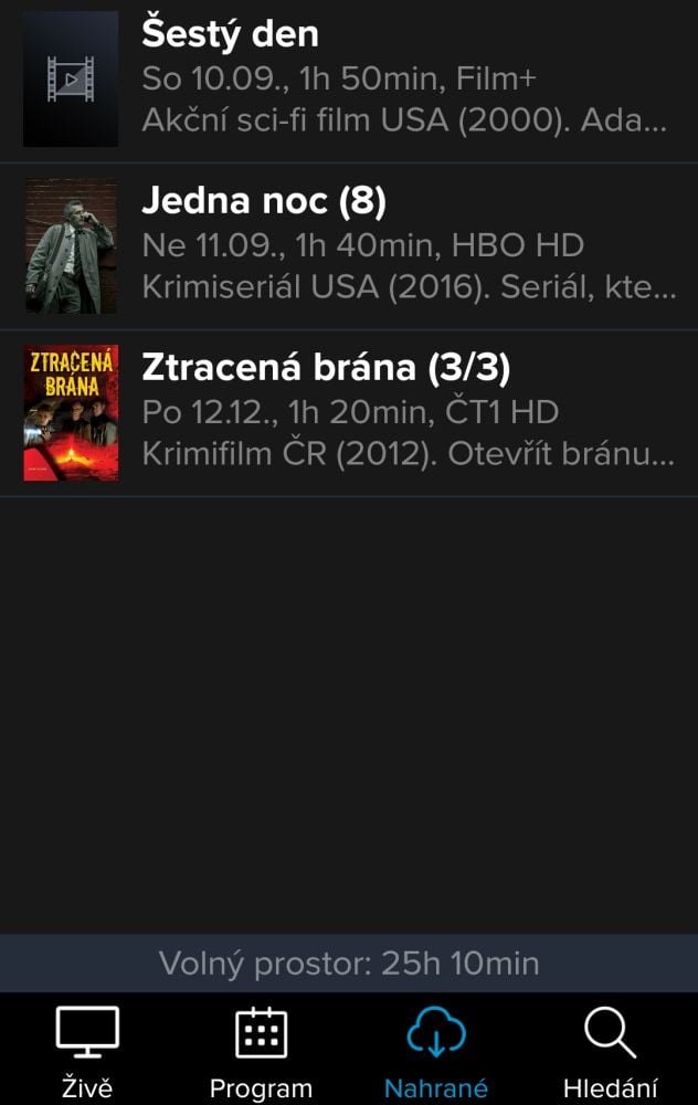 Tady už jsme v seznamu nahrávek... První dvě jsou už "prošlé" (jak vidíte, jsou ze září), ale v systému stále zůstávají a dokud je nesmažete, budou také zabírat místo ve vašem diskovém prostoru.