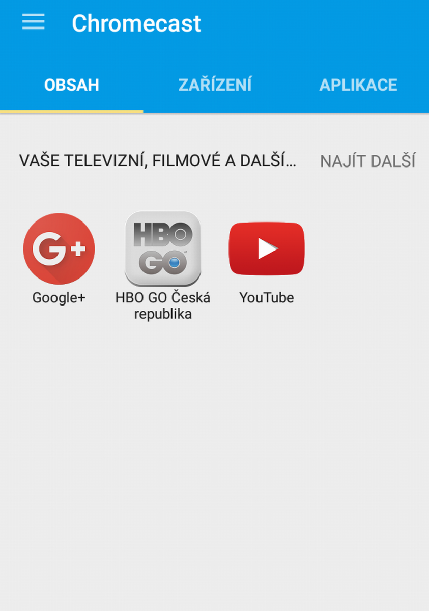 Na mobilu Energy Phone Max 4G jsem v aplikaci Chromecast na domovské obrazovce viděl Google+, HBO Go a Youtube.