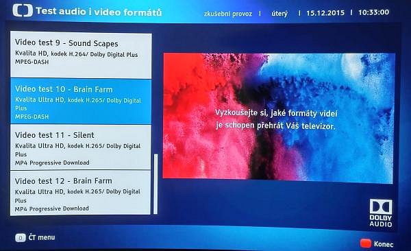 Pod HbbTV na stanicích České televize najdete nejen archiv pořadů, ale můžete si přes internet vyzkoušet i podporu kodeku HEVC. Zatím bohužel jen v rozlišení Ultra HD a nikoli ve Full HD v němž se bude od poloviny loňského roku přes DVB-T2 vysílat i u nás. Pamatujte jen, že podpora H.265/HEVC při příjmu z internetu neznamená automaticky tu samou podporu při příjmu přes tunery. (Panasonic TX-65CZ950 - OLED.)