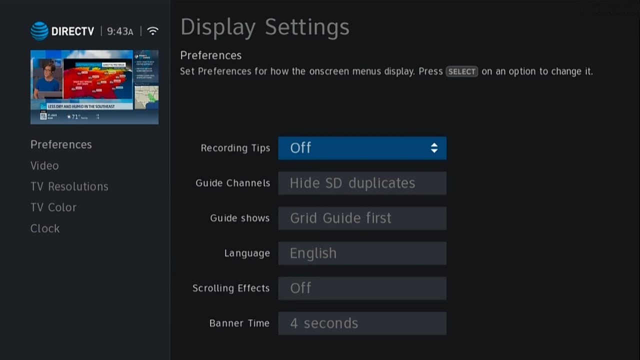 DIRECTTV - Nastavení zobrazení a rozlišení