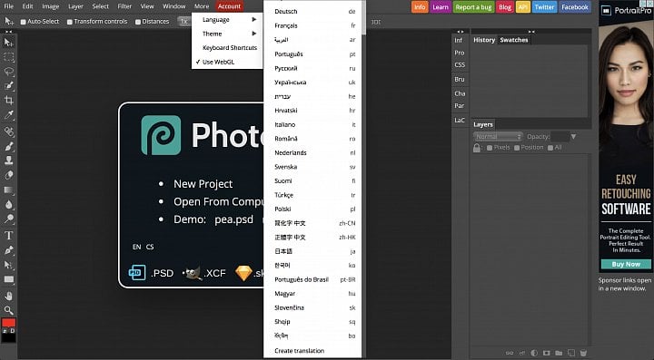 Pracovní prostředí programu Photopea. Pracovat můžete ve 26 jazycích. Překlady zajišťují fanoušci programu.