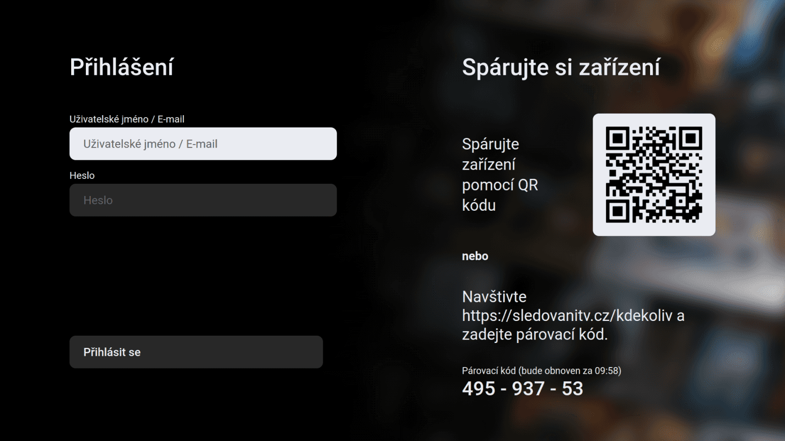 Párovací obrazovka SledováníTV