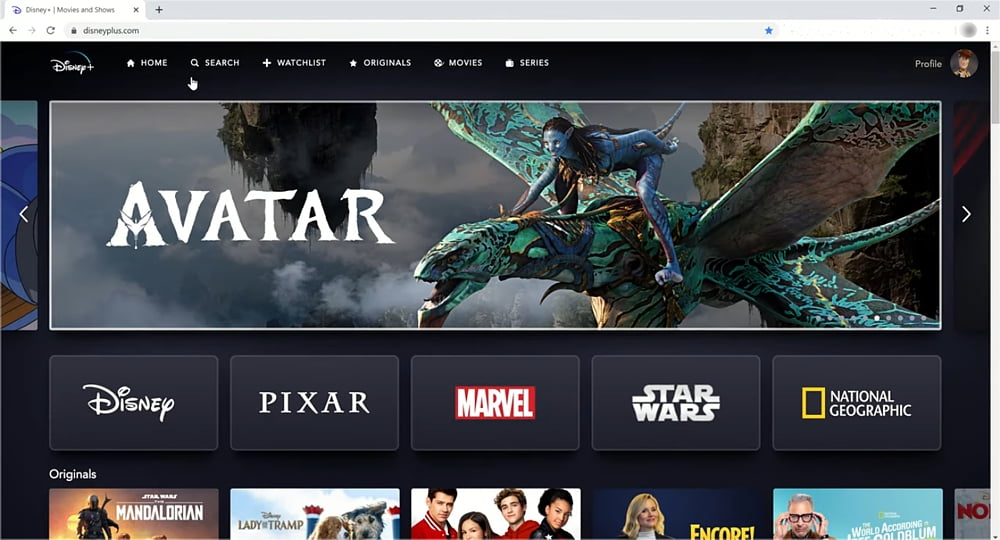 Varianta služby Disney+ pro prohlížeč