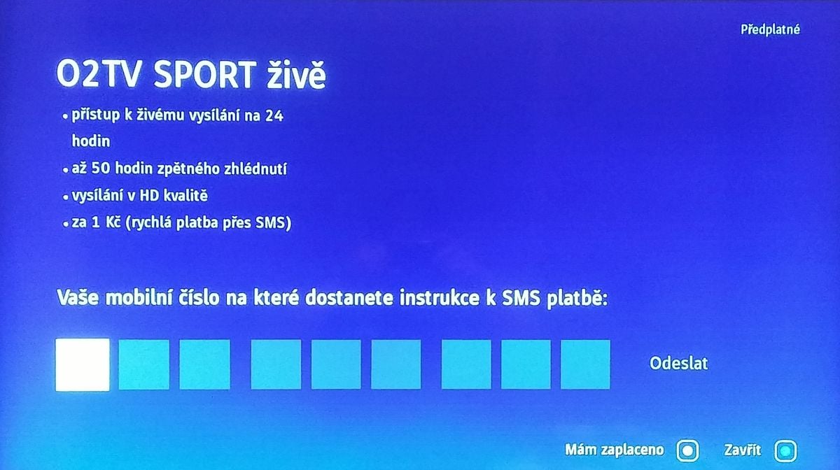 ...možnost zaplatit si živé vysílání O2 TV sport via SMS.