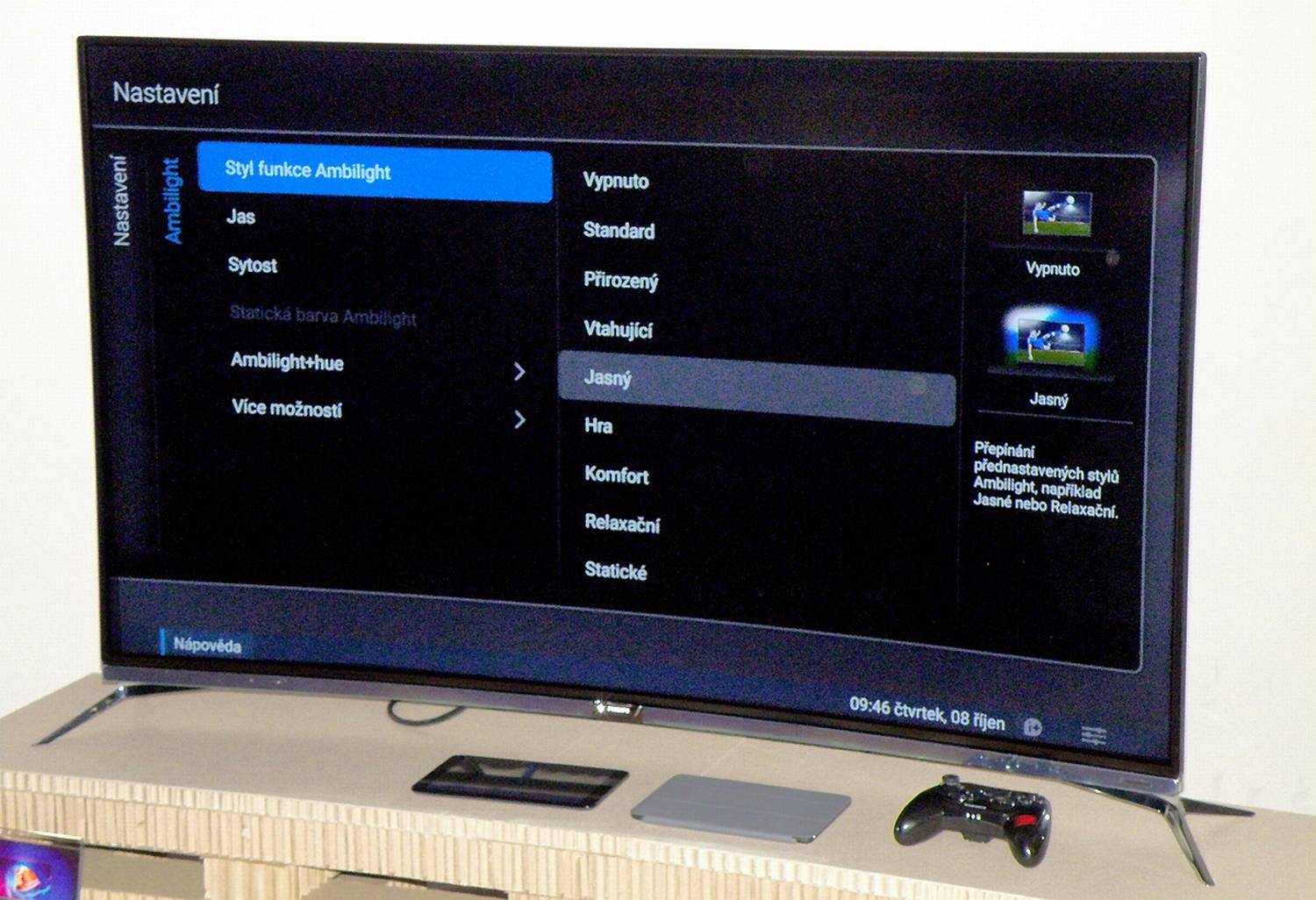 Menu jednotlivých voleb pro Ambilight. Něco podobného bude k dispozici i pro Ambilux.