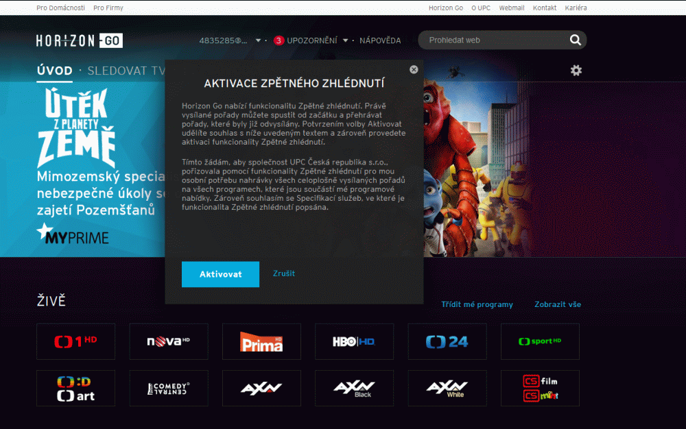 UPC Horizon Go, web - zpětné zhlédnutí 7 dní
