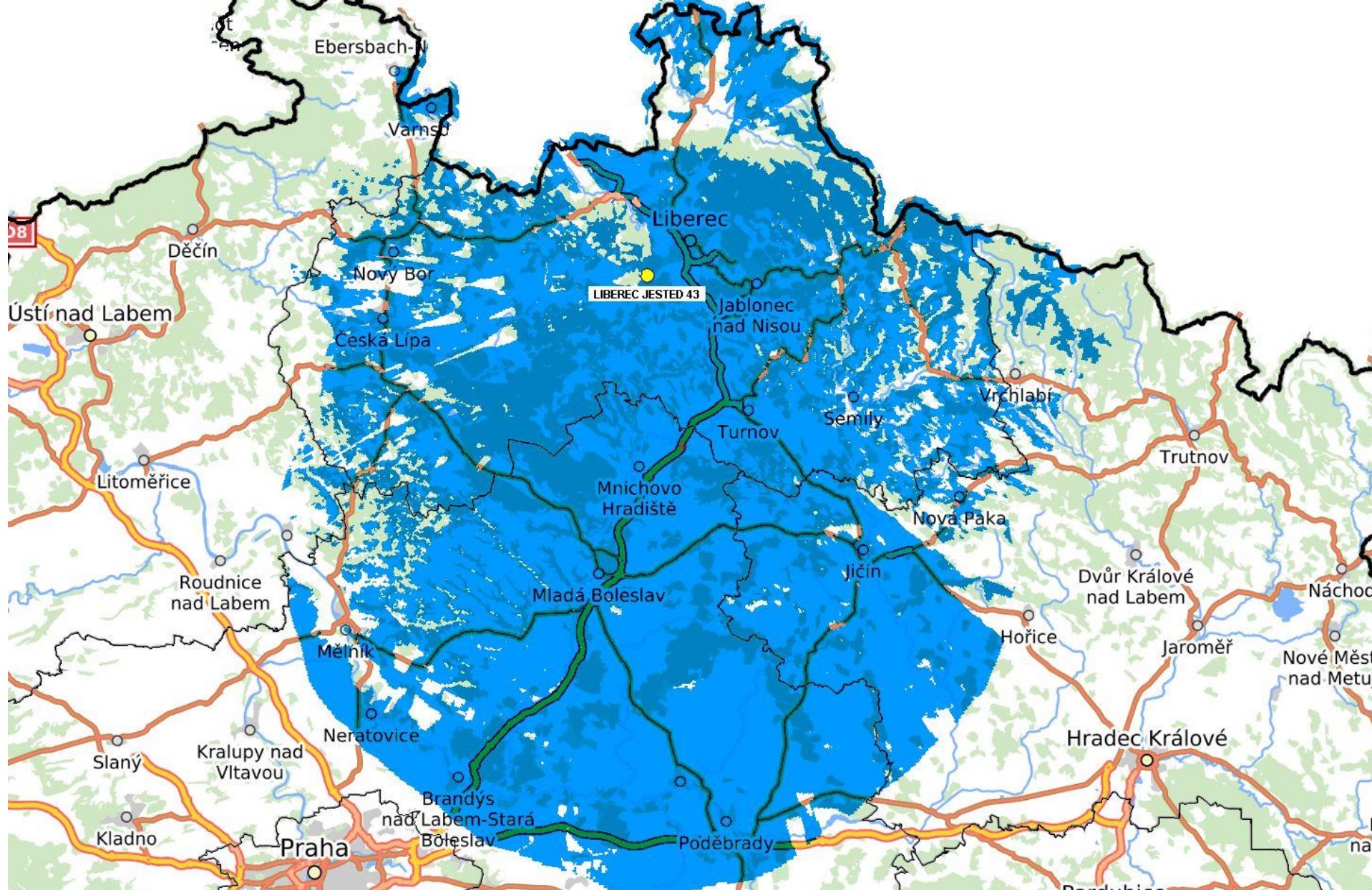 Pokrytí DVB-T2 Multiplexu 24 z Ještědu