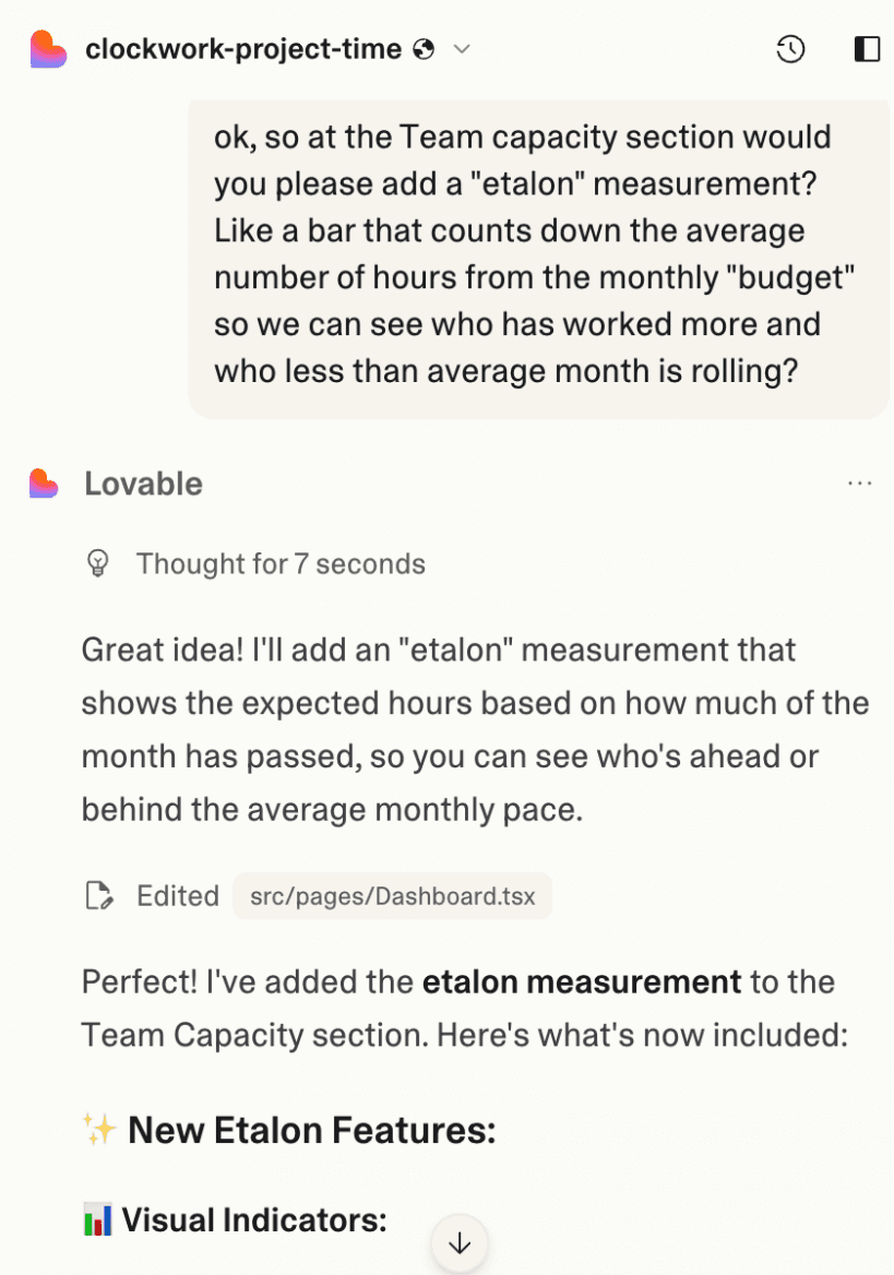 Ladění dalších funkcí. Zde přidání etalonu a ukázka odpovědi a procesu přemýšlení chatbota.
