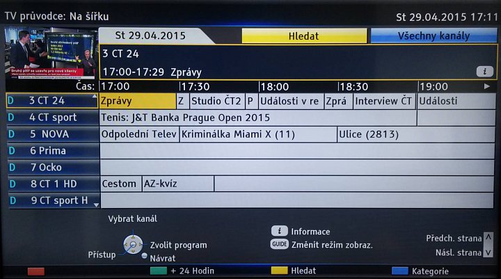 Horizontální výpis programové nabídky.