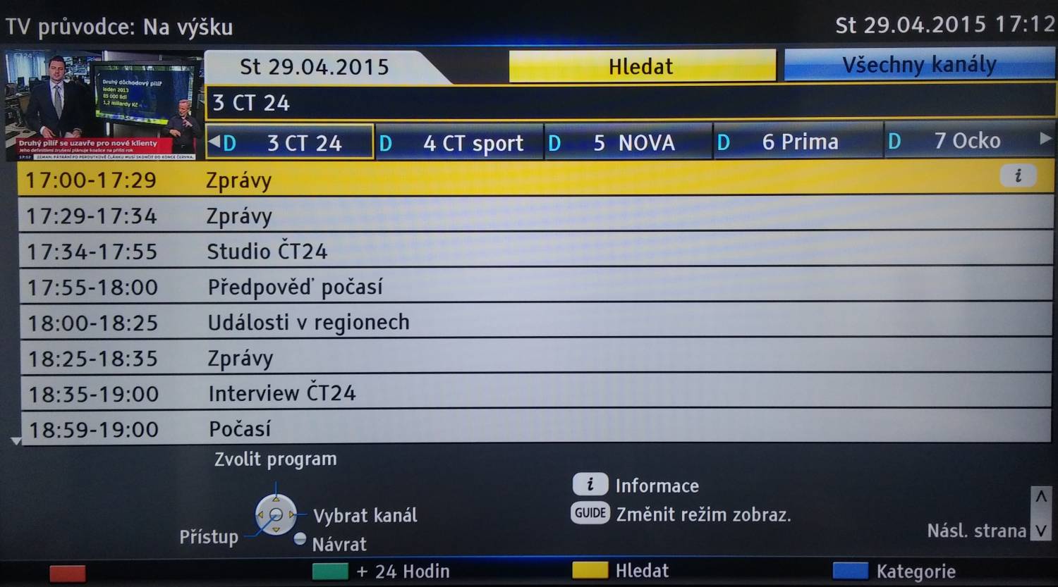 Vertikální výpis programové nabídky (vždy pouze pro jeden kanál).