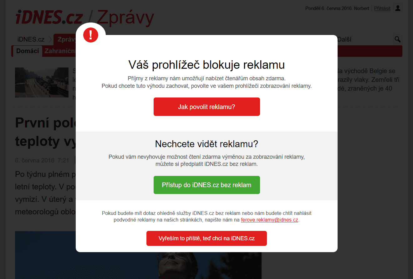 Jak se online média vyrovnávají s blokováním reklam? Český zpravodajský server iDNES.cz začal od června 2016 uživatelům se zapnutým blokátorem zobrazovat výzvu, aby si jej pokud možno vypnuli. "Příjmy z reklamy nám umožňují nabízet čtenářům obsah zdarma. Pokud chcete tuto výhodu zachovat, povolte ve vašem prohlížeči zobrazování reklamy," stojí v ní. Uživatelům nabízí tři možnosti - návod, jak blokátor na IDNESu vypnout, ignorování výzvy nebo předplatné.